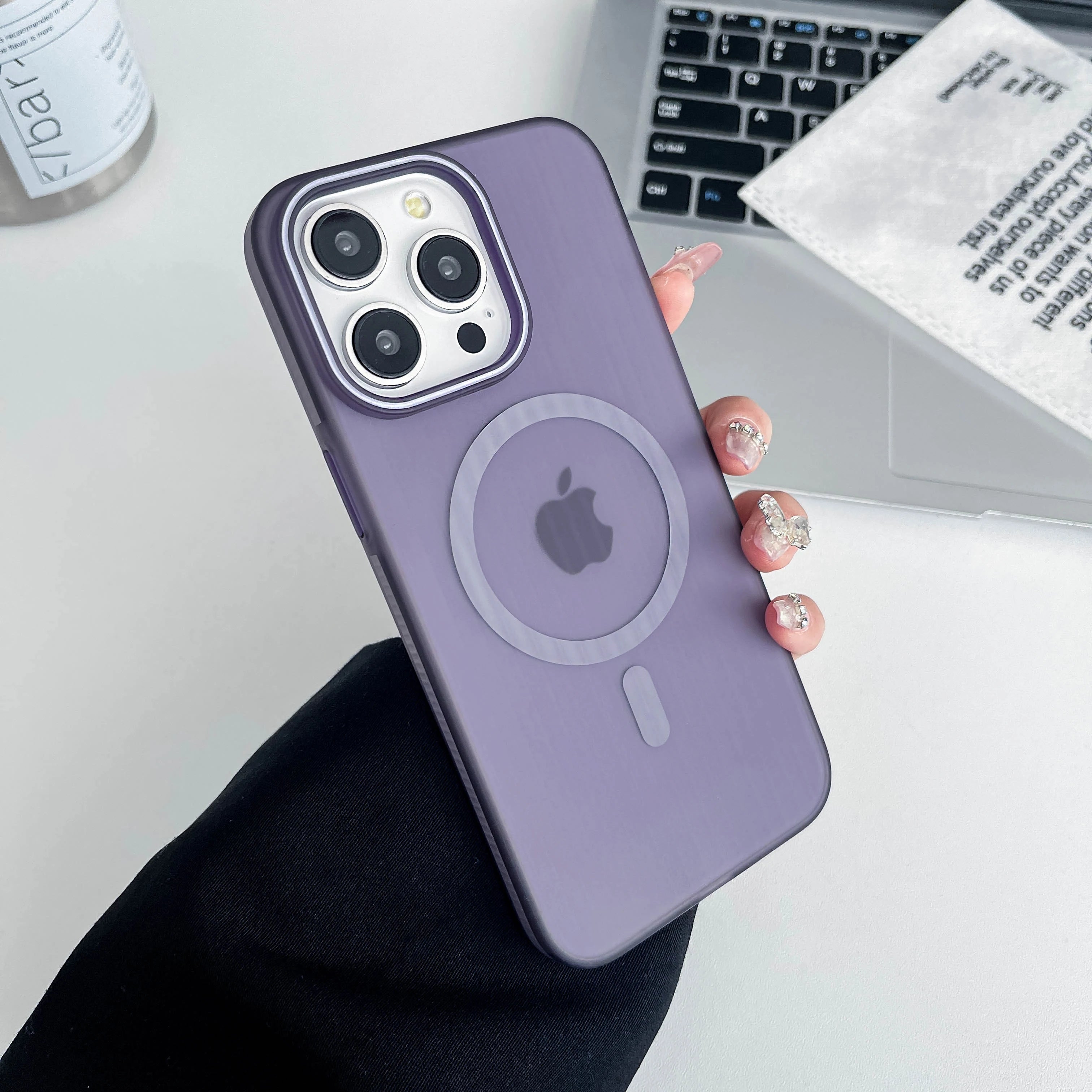 iPhone 15-Matte-Splicing-Case-Wireless-Charging-Skin-Feel-Detachable-Hard-PC-Phone-Case-Purple