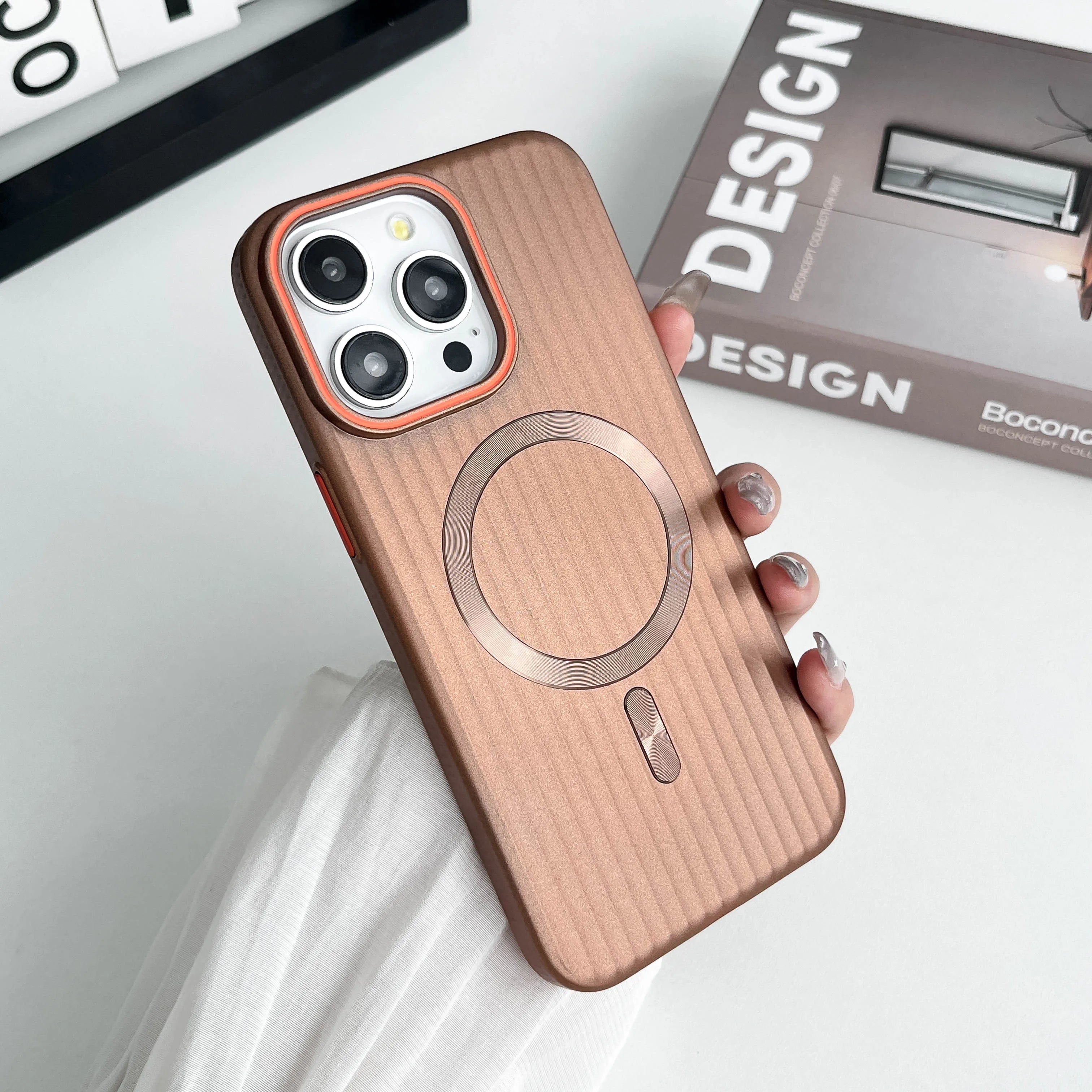 iPhone 15-Fashion-Trend-Corrugated-PC-Matte-Skin-Feel-Luxury-Wireless-Charging-Phone-Case-Brown