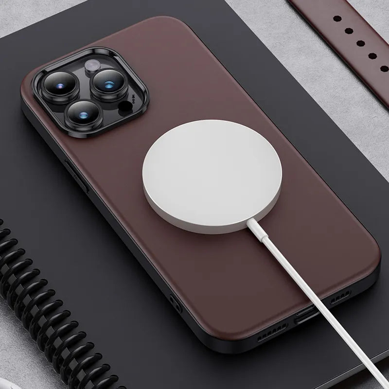 Iphone 15 Pro Wireless Charging Leather cover with Camera Lens frame  Protection phone case-Coffee