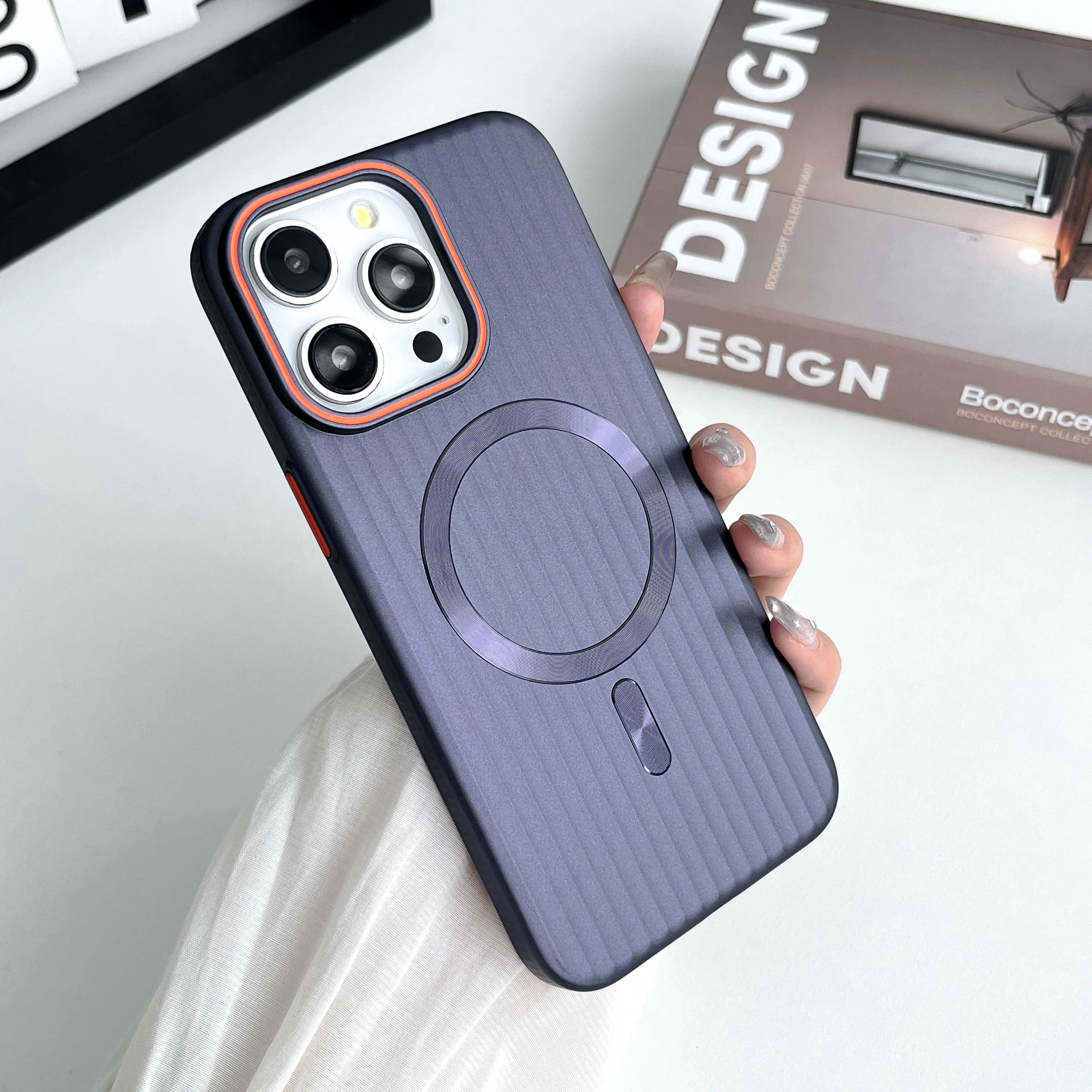 iPhone 15-Fashion-Trend-Corrugated-PC-Matte-Skin-Feel-Luxury-Wireless-Charging-Phone-Case-Purple