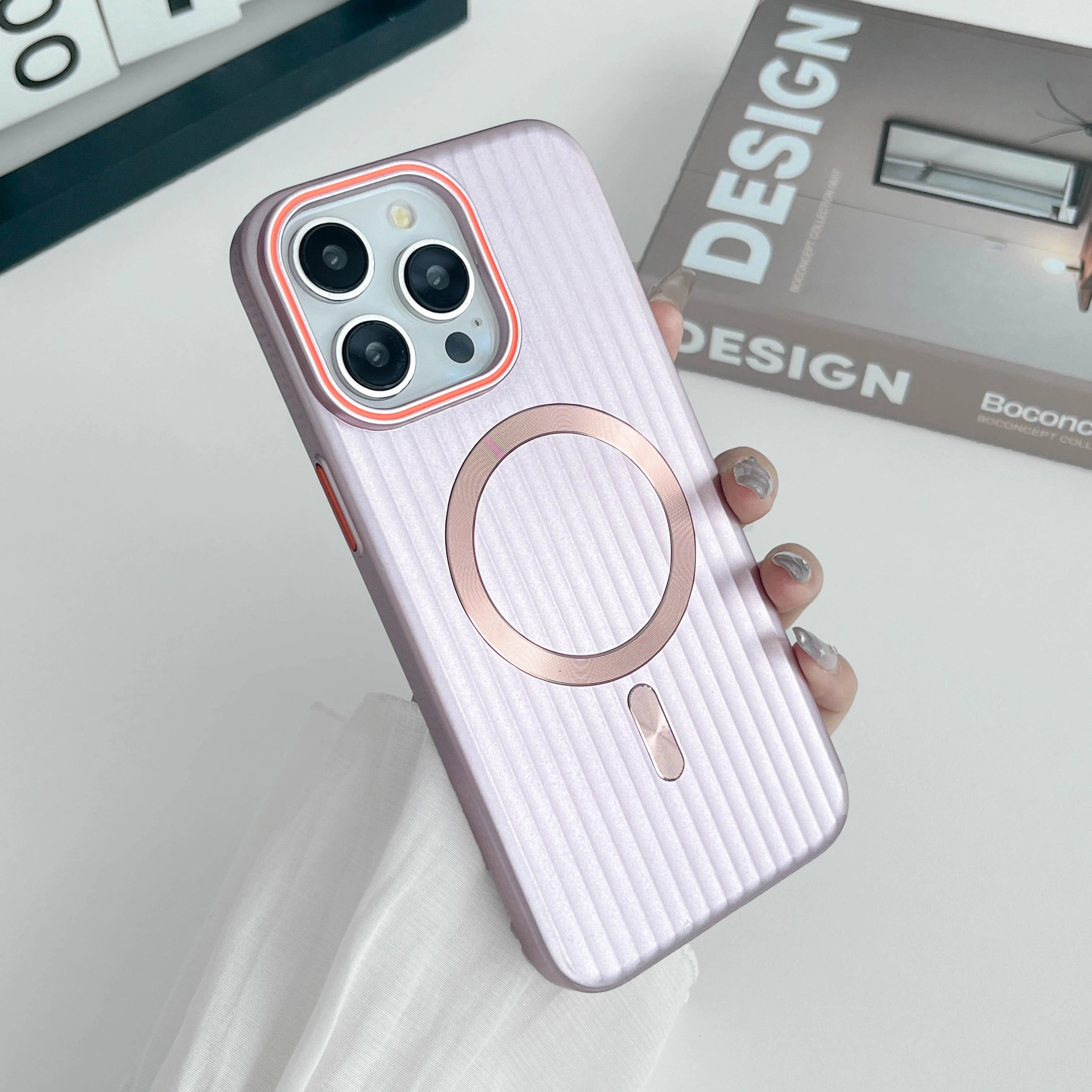 iPhone 15-Fashion-Trend-Corrugated-PC-Matte-Skin-Feel-Luxury-Wireless-Charging-Phone-Case-Pink