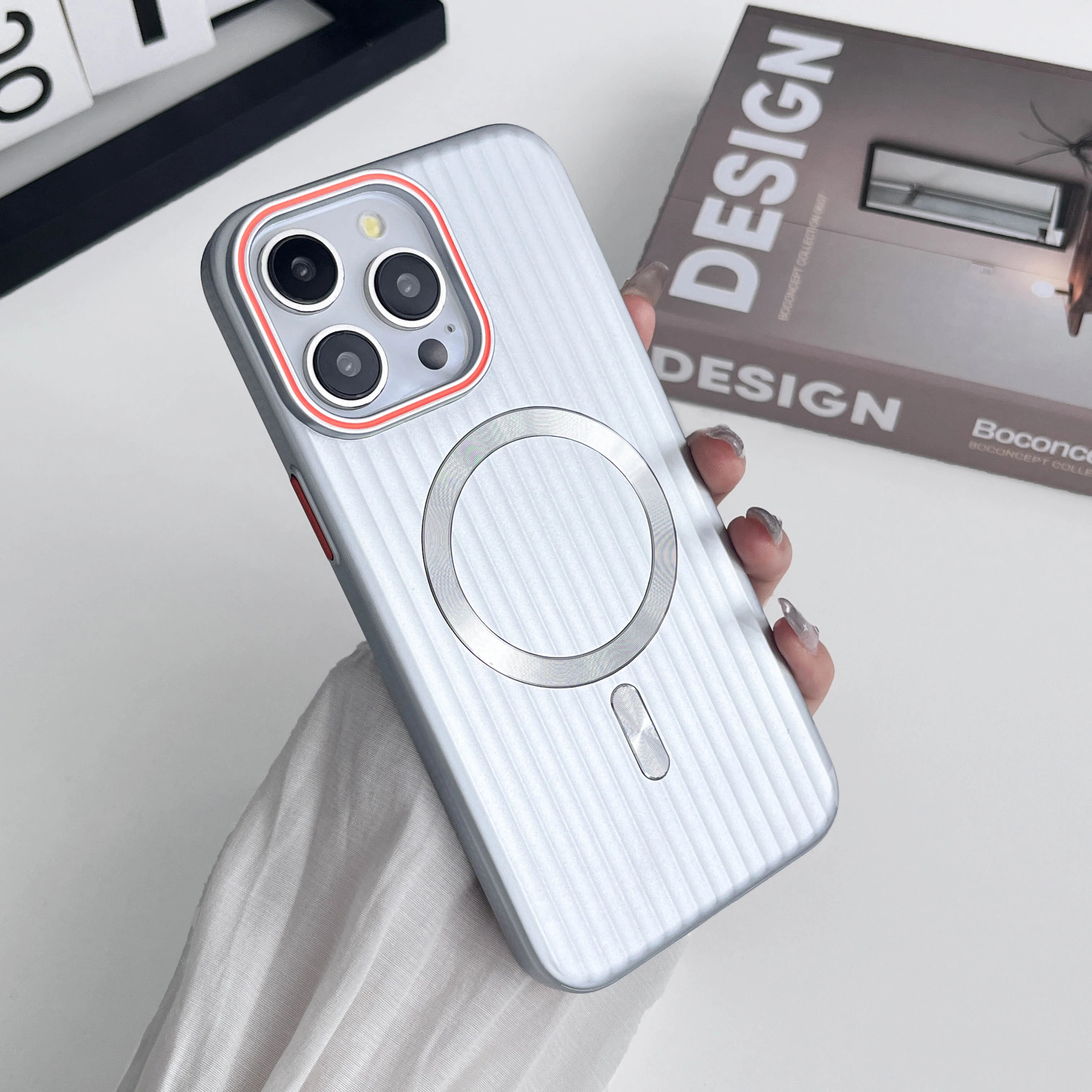 iPhone 15-Fashion-Trend-Corrugated-PC-Matte-Skin-Feel-Luxury-Wireless-Charging-Phone-Case-White