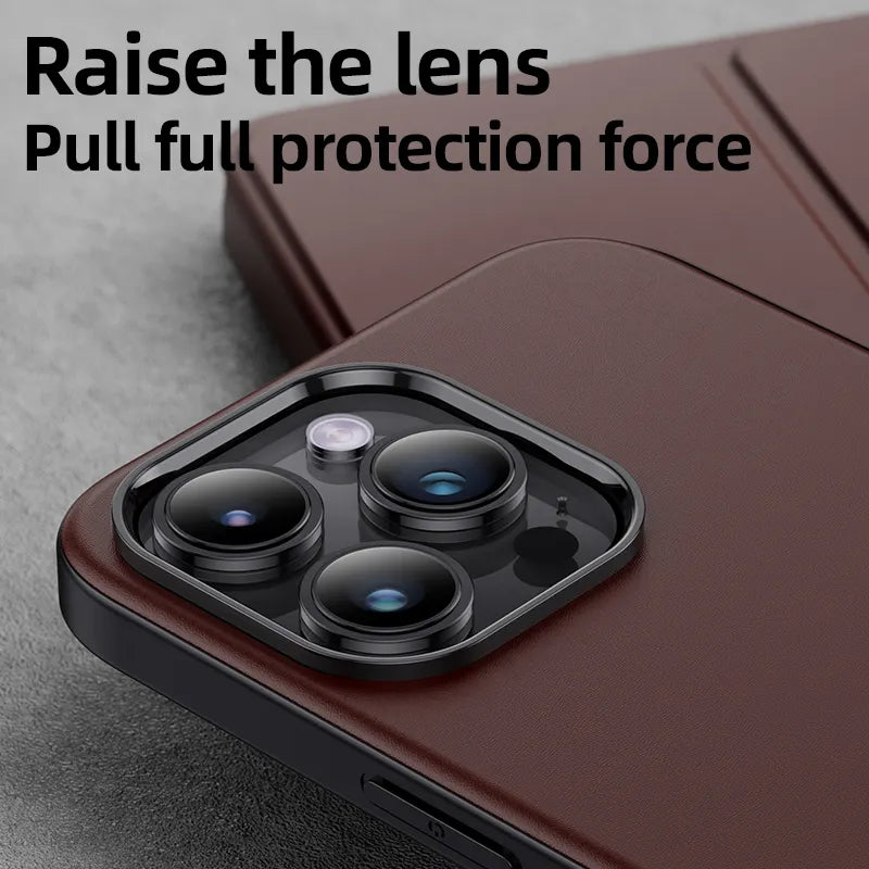 Iphone 15 Pro max Wireless Charging Leather cover with Camera Lens fram Protection phone case-Coffee