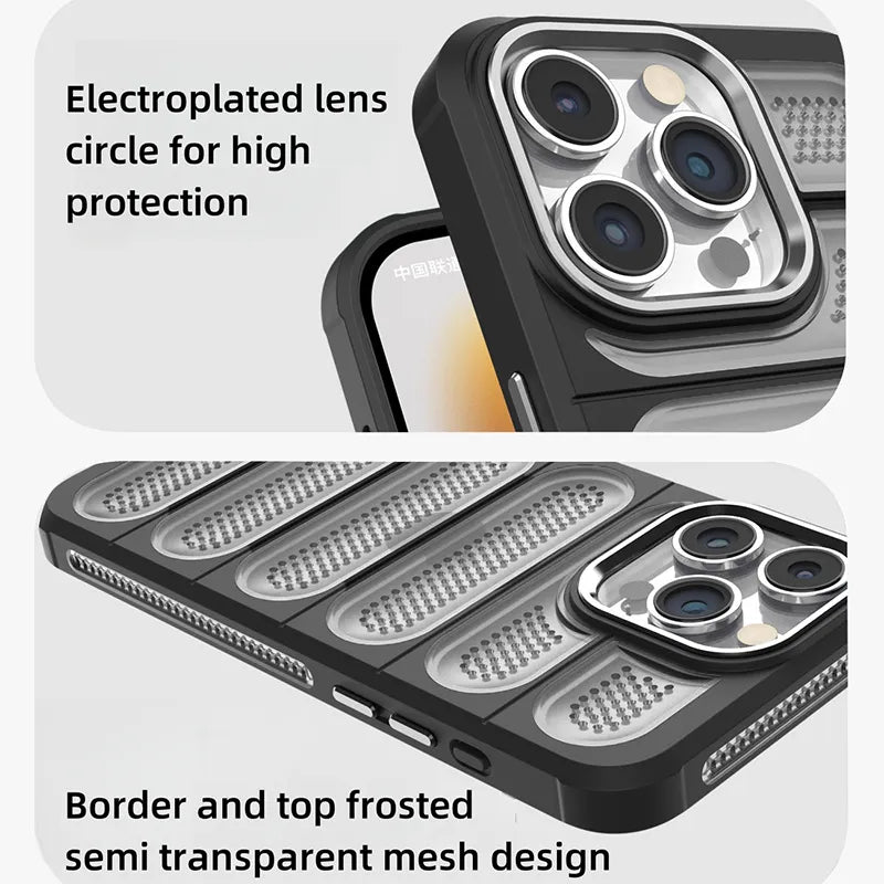 Iphone 13 Pro max  Trending Breathable Mesh Shell PC Matte with Metal Lens Frame  protection Ultra Thin phone case-Black