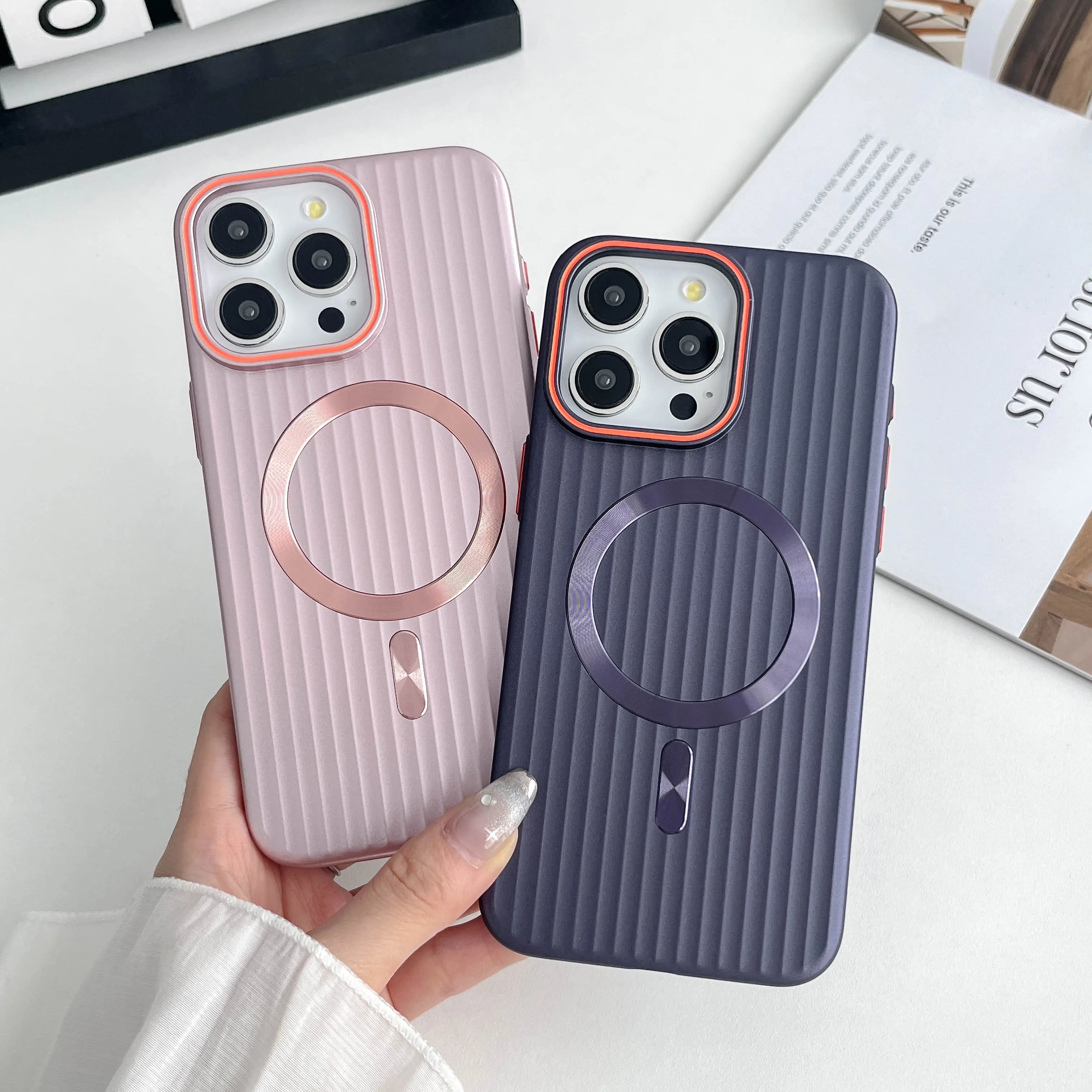 iPhone 13 Fashion Trend Corrugated PC Matte Skin Feel Luxury Wireless Charging Phone Case-Pink