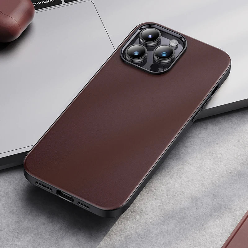 Iphone 15-Wireless-Charging-Leather-cover-with-Camera-Lens-fram-Protection-phone-case-coffee