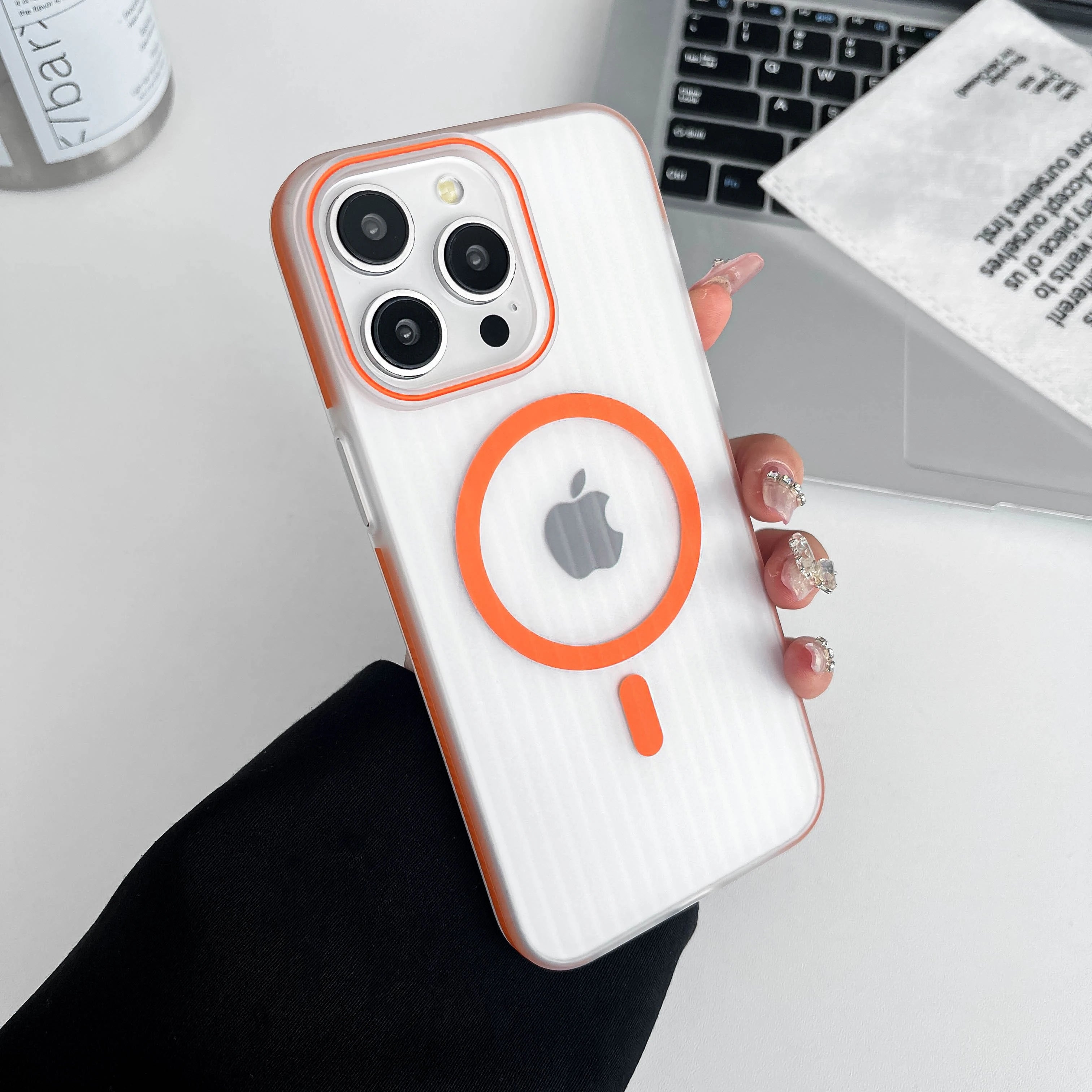 iPhone 15-Matte-Splicing-Case-Wireless-Charging-Skin-Feel-Detachable-Hard-PC-Phone-Case-Orange