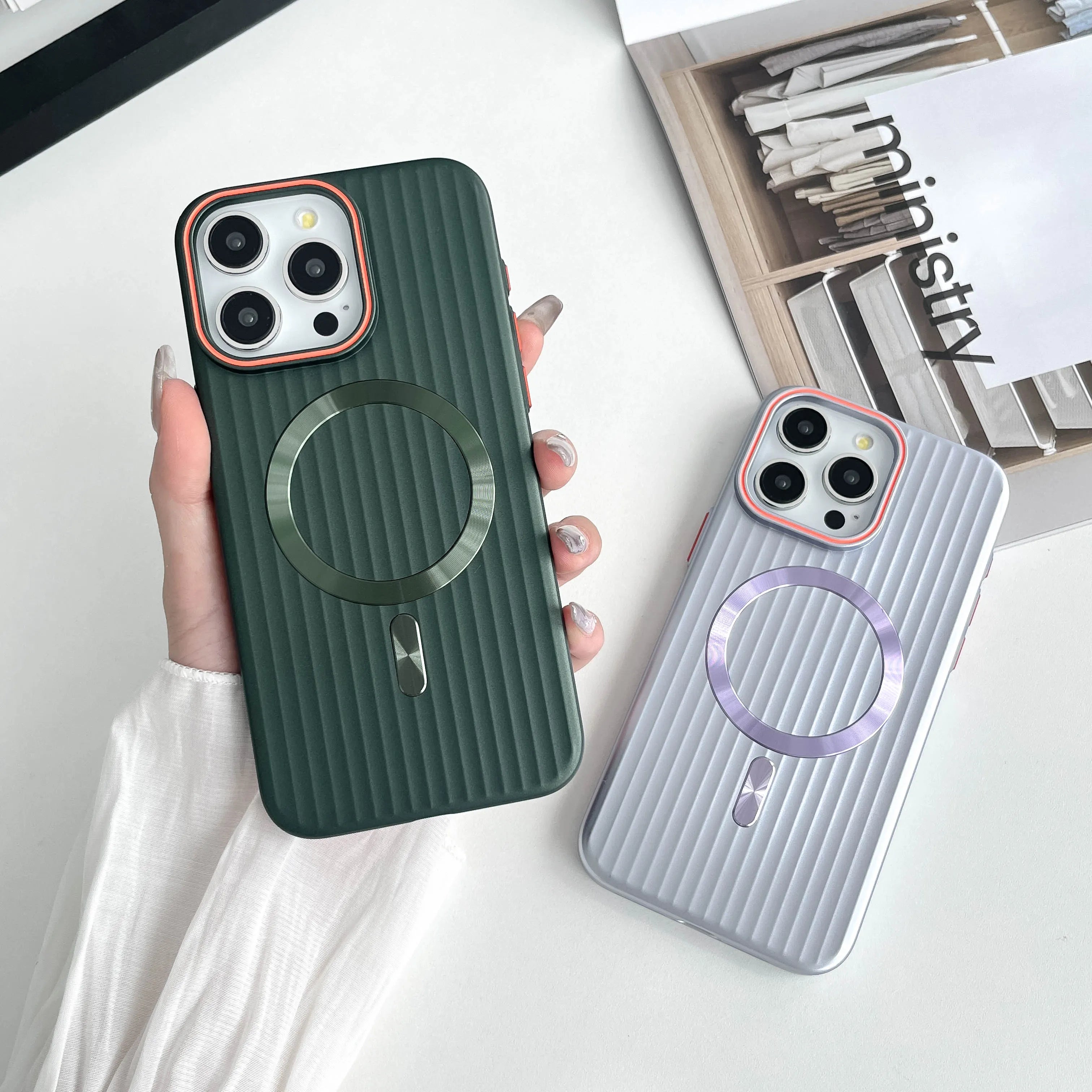 iPhone 13 Fashion Trend Corrugated PC Matte Skin Feel Luxury Wireless Charging Phone Case-Pink