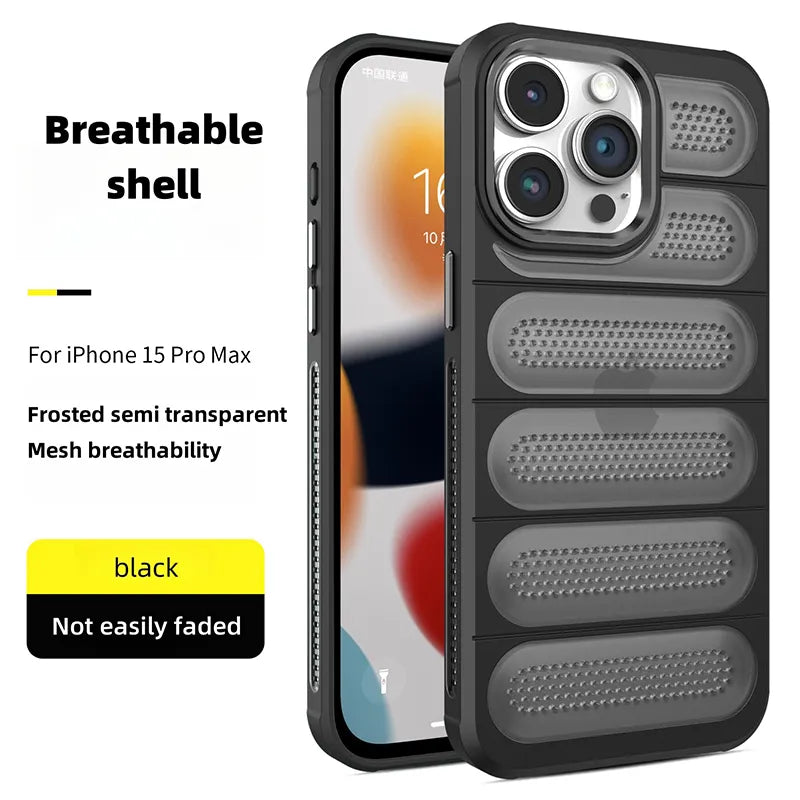 Iphone 15-Trending-Breathable-Mesh-Shell-PC-Matte-with-Metal-Lens-Frame-protection-Ultra-Thin-phone-case-Black