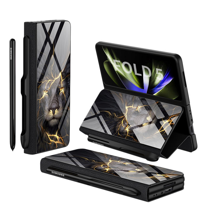 Glass Painting Cover Galaxy Z Fold 5 Case With Pen Slot Cover - Black